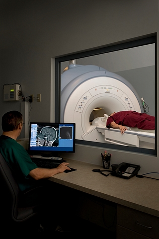 A patient undergoing an MRI test